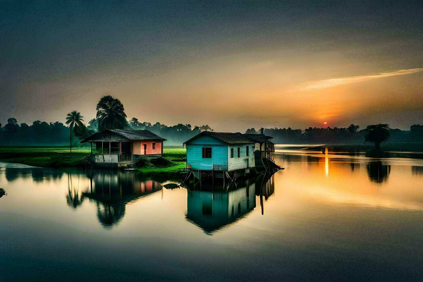 two small houses on the water at sunset. AI-Generated photo