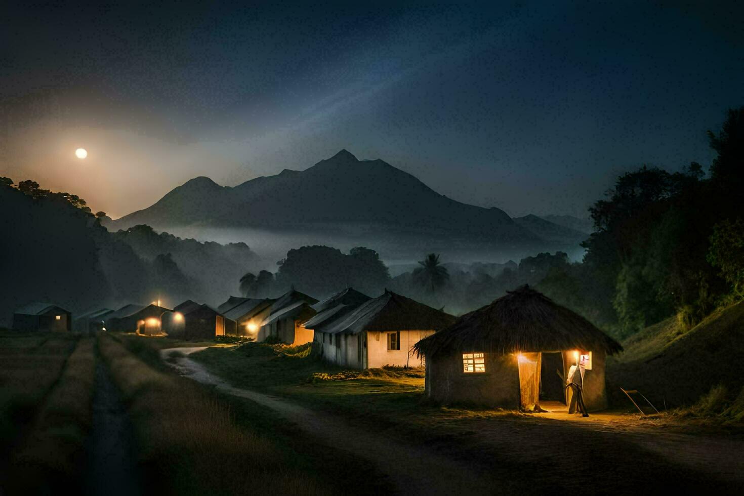 a village at night with a full moon. AI-Generated photo