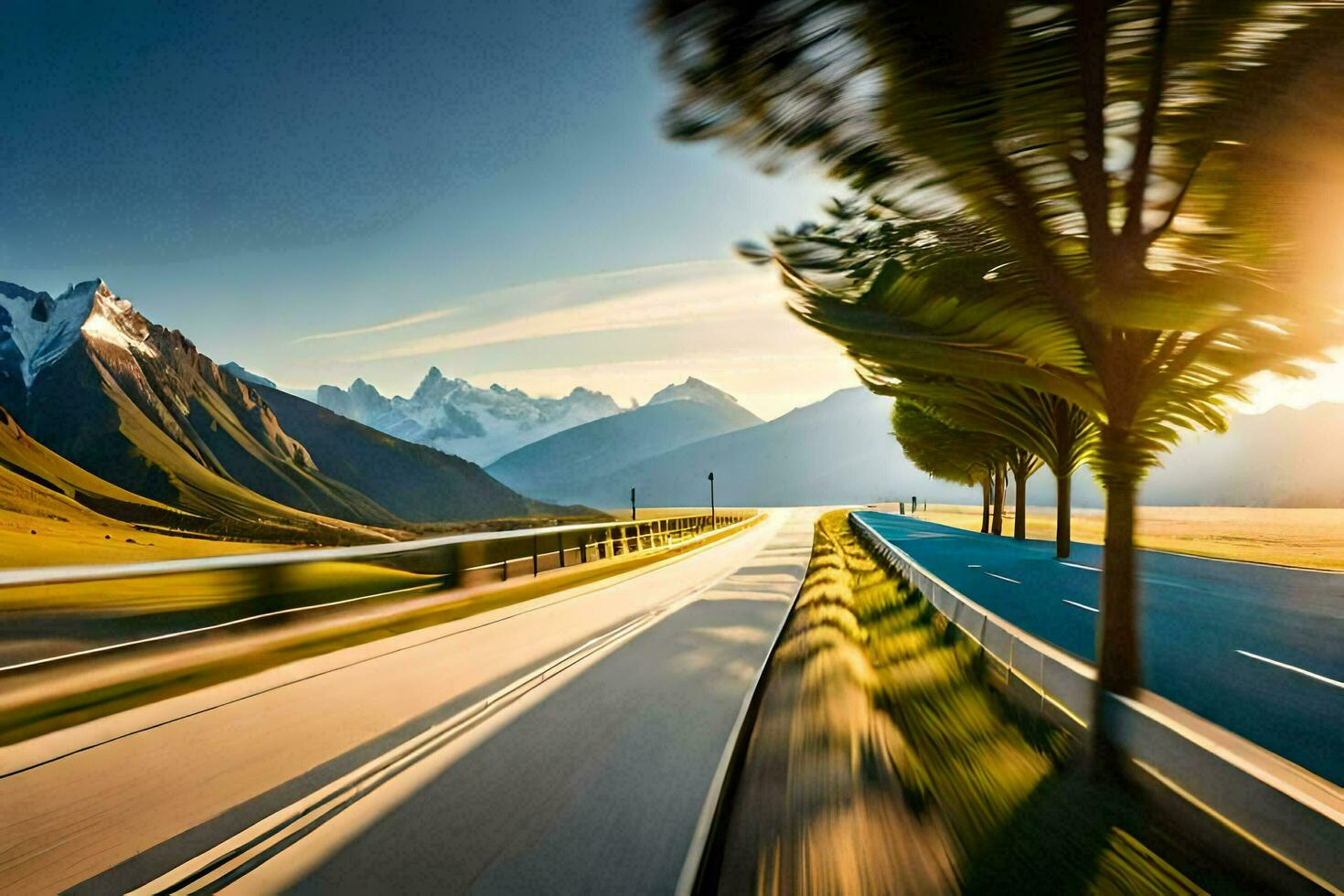 a road with trees and mountains in the background. AI-Generated photo