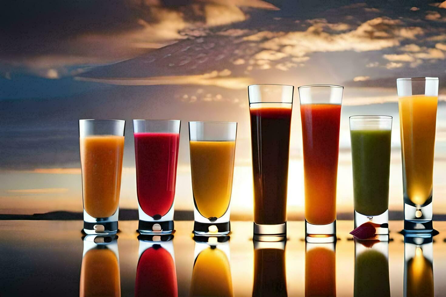 a group of glasses with different colored juices. AI-Generated photo