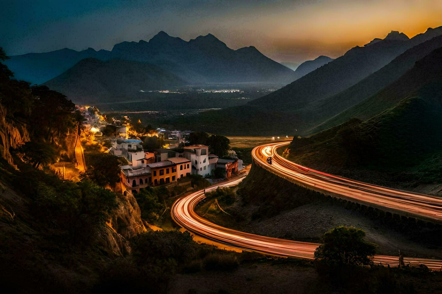 a long exposure photo of a winding road in the mountains. AI-Generated