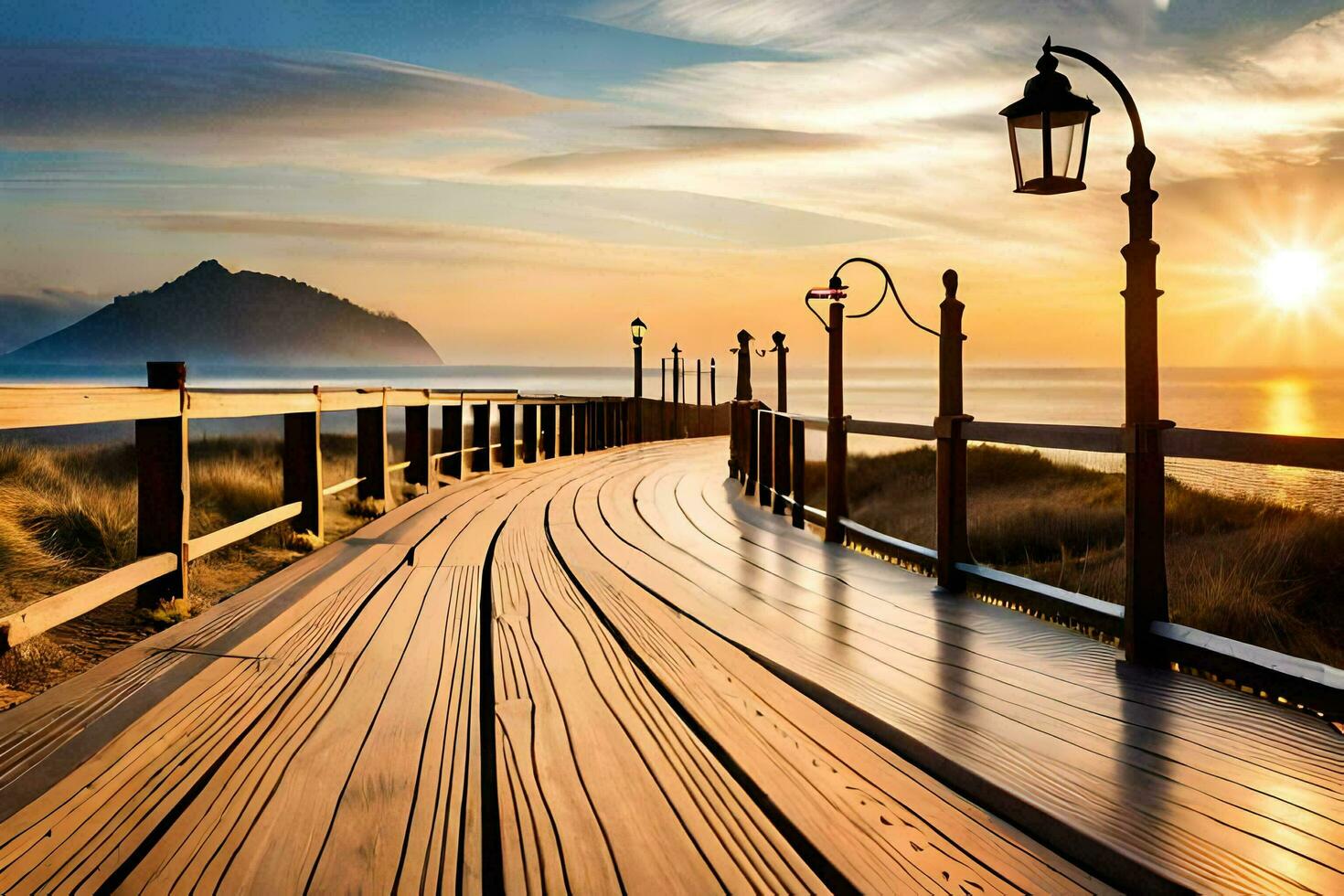 a wooden boardwalk leads to the ocean at sunset. AI-Generated photo
