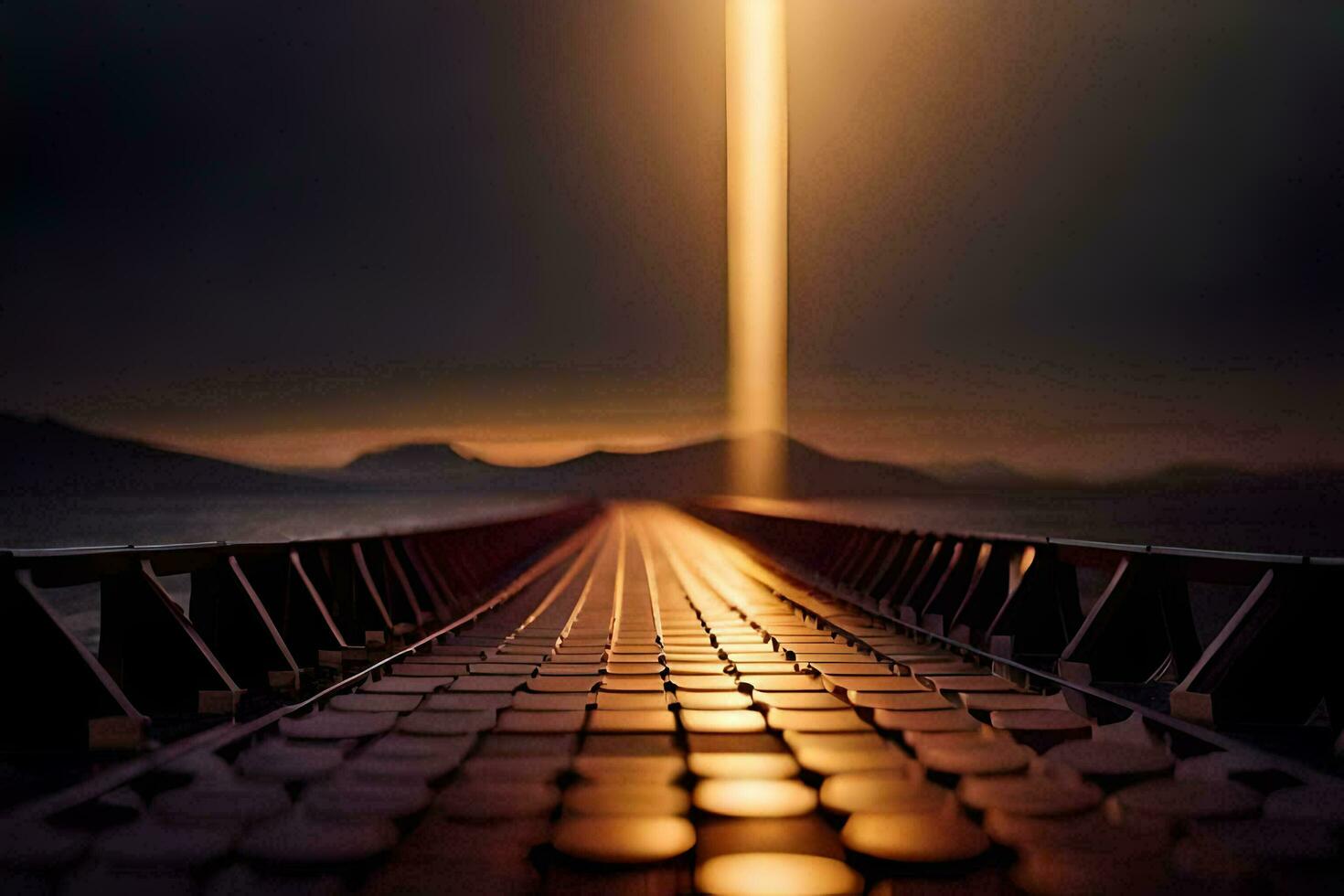 a long bridge with a beam of light shining down. AI-Generated photo