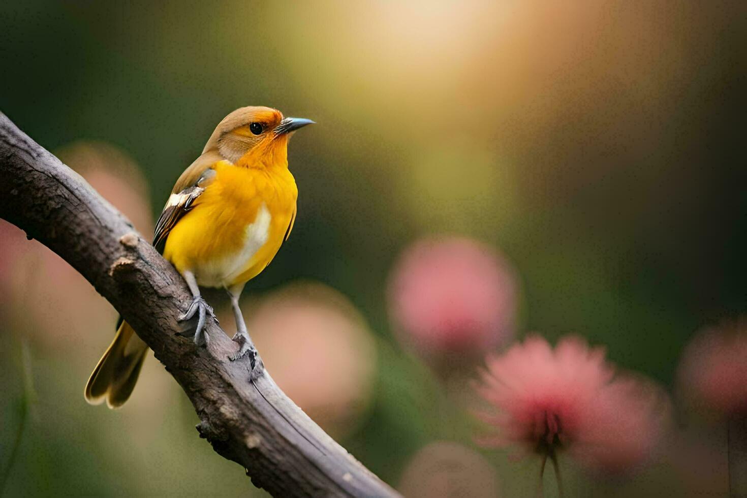 a yellow bird sitting on a branch with pink flowers. AI-Generated photo