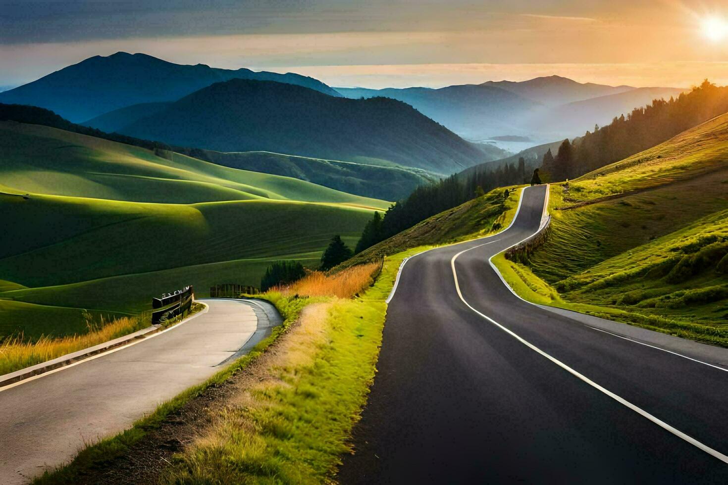 a winding road in the mountains with a sunset. AI-Generated photo