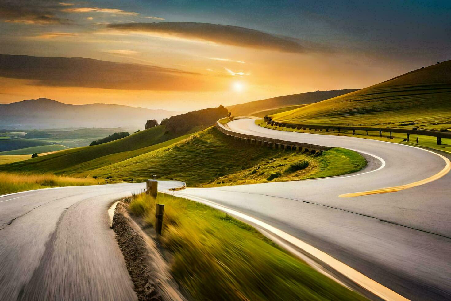 a winding road in the mountains at sunset. AI-Generated photo