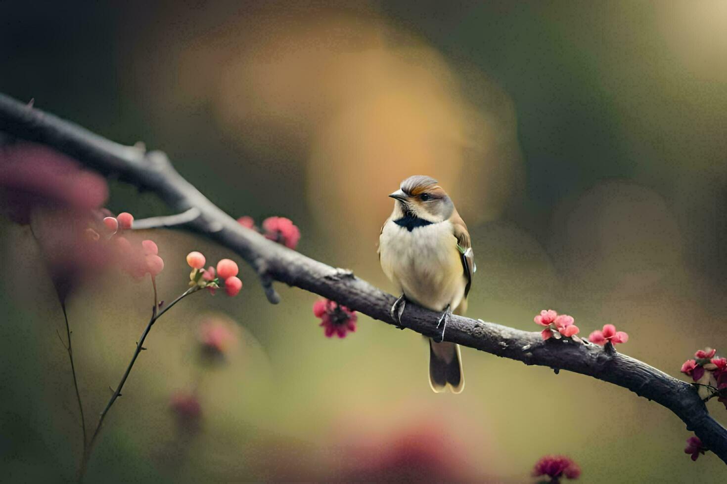 a bird sits on a branch with flowers. AI-Generated photo