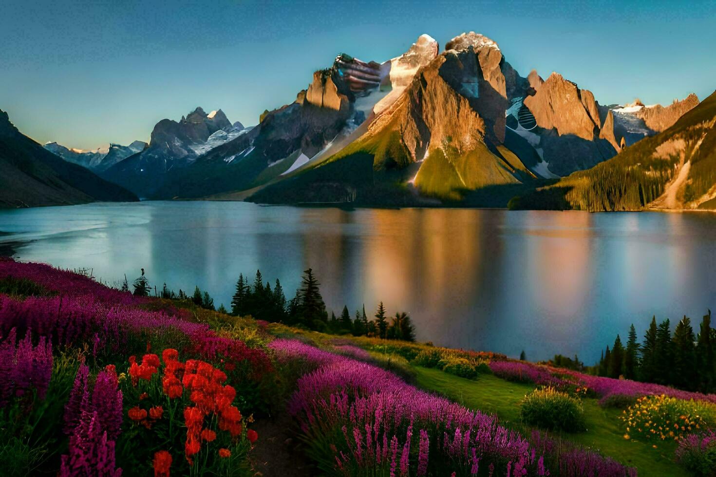 el montañas y flores son hermosa en esta foto. generado por ai foto