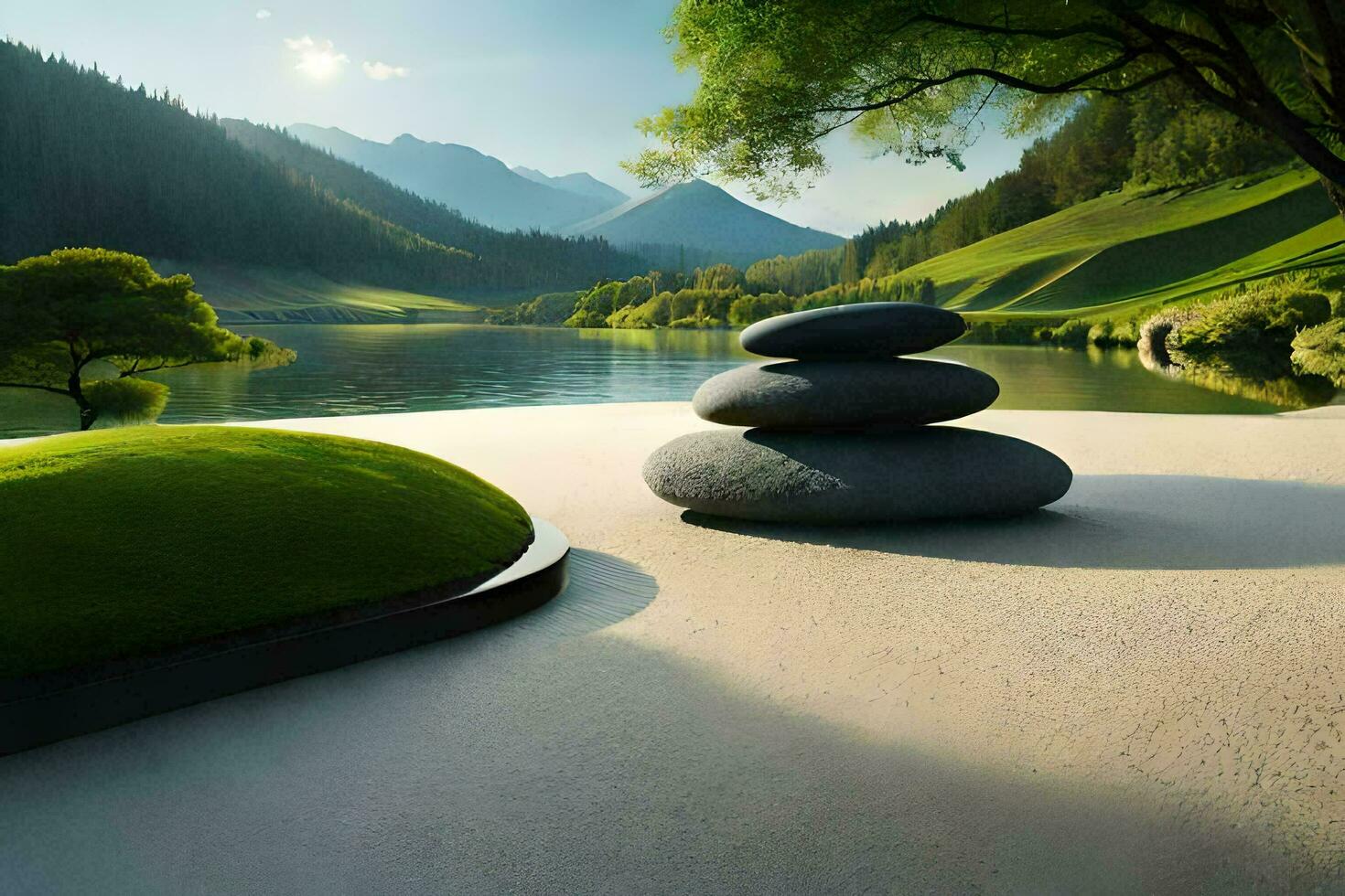 a zen garden with stones and grass. AI-Generated photo