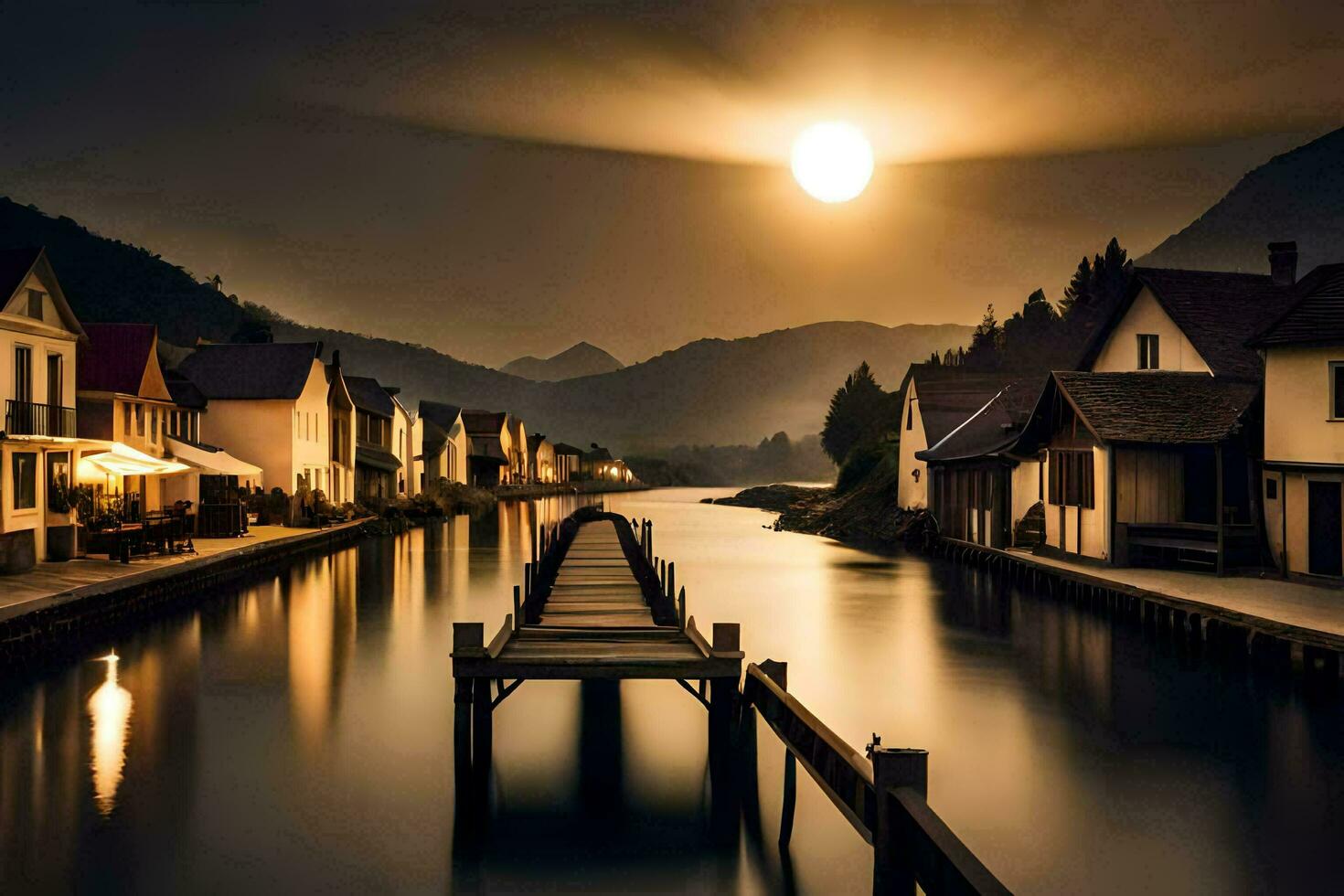 photo wallpaper the sky, water, houses, the moon, the sun, the moon, the. AI-Generated