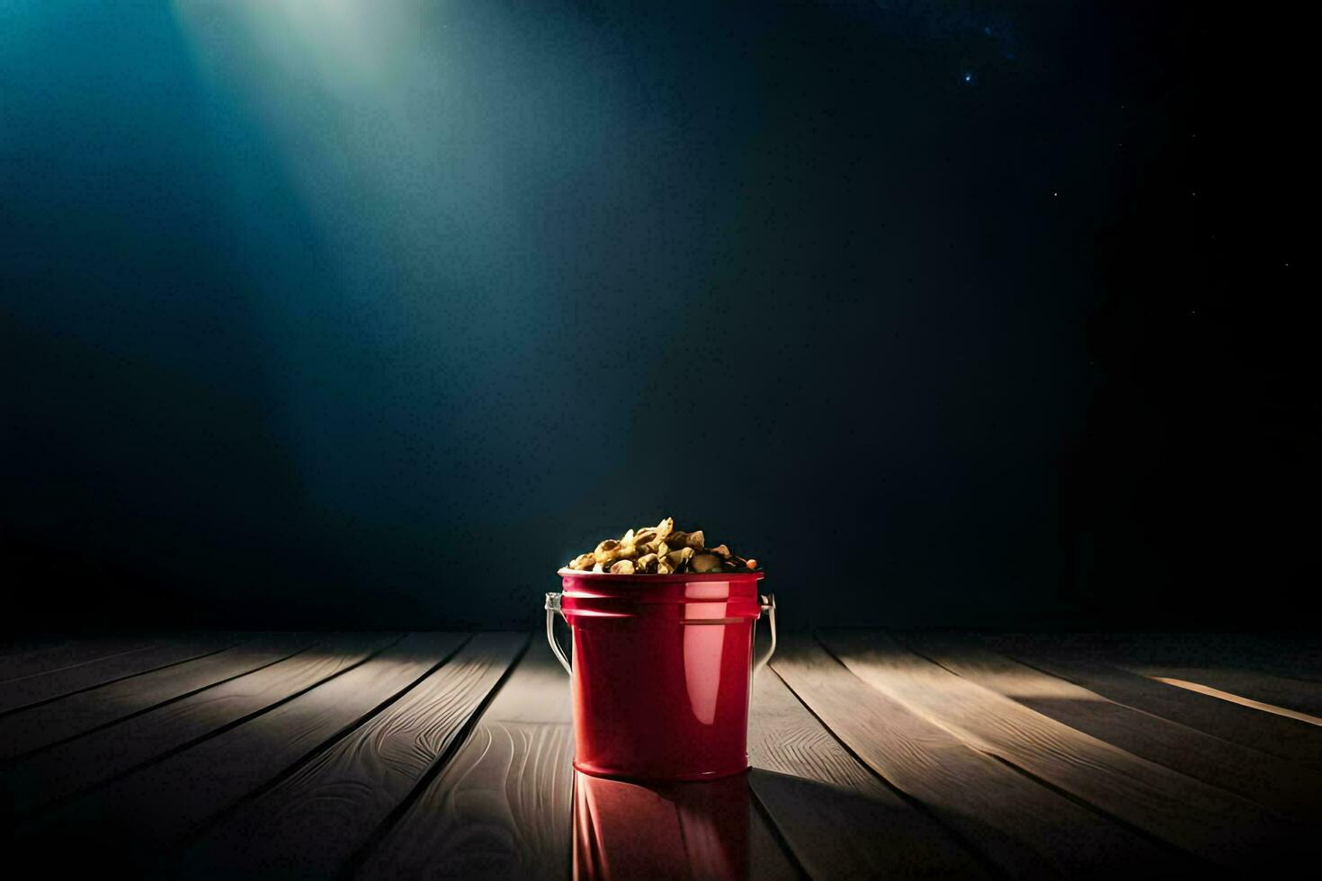 a bucket of peanuts on a wooden floor. AI-Generated photo
