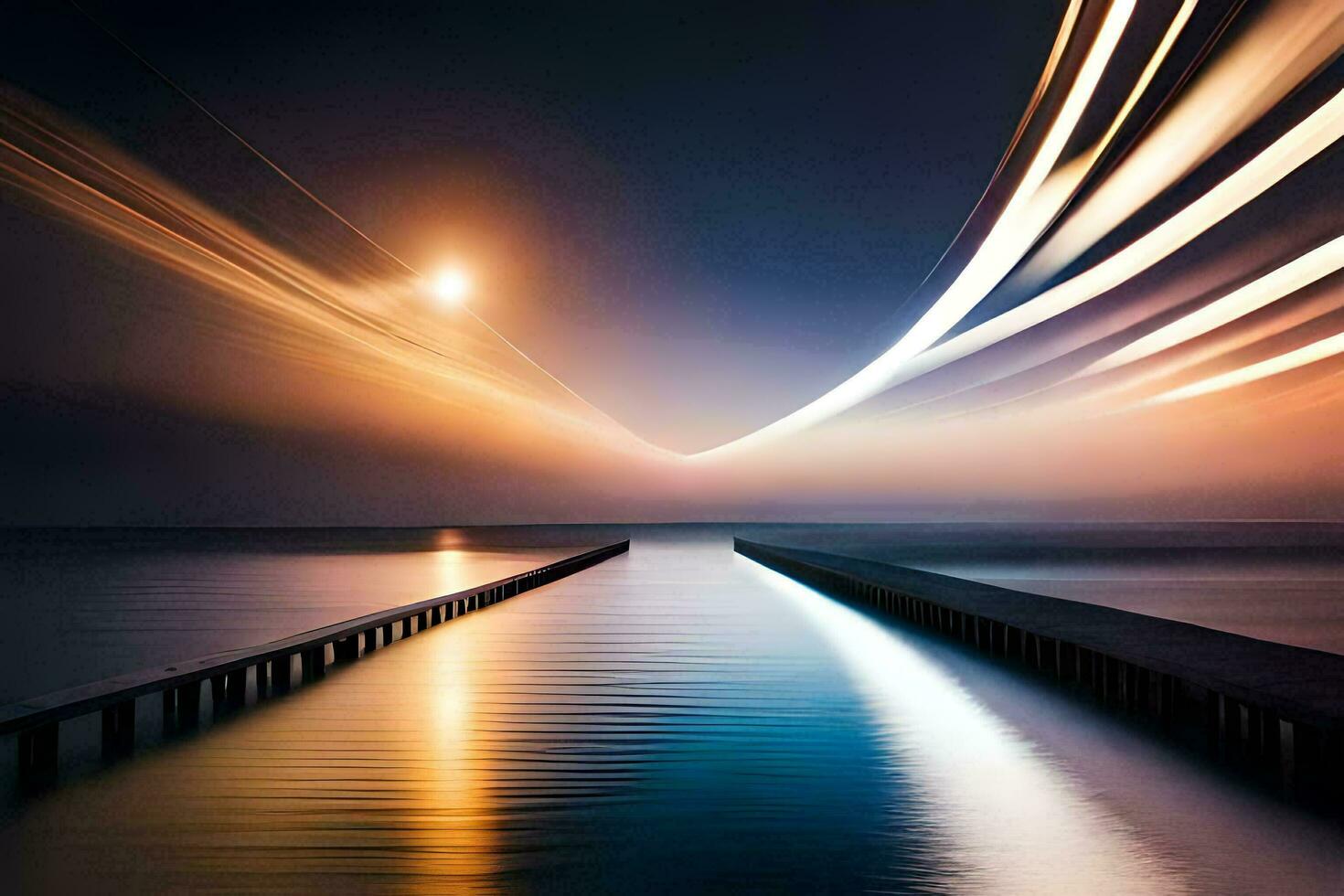 un largo exposición fotografía de un muelle a noche. generado por ai foto