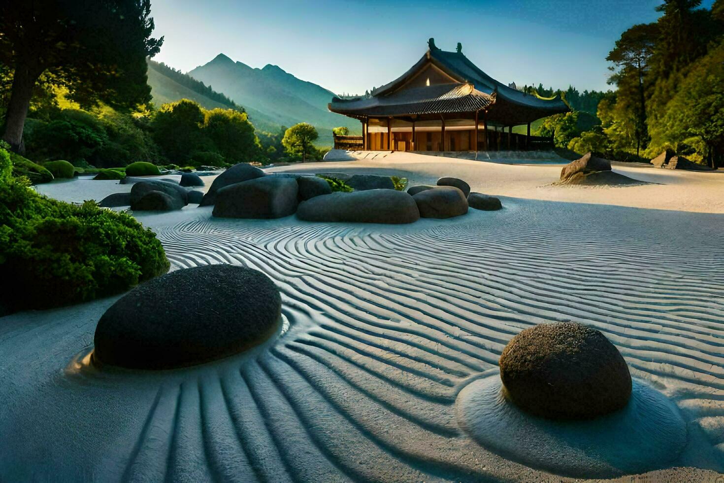 a japanese garden with rocks and a pagoda. AI-Generated photo