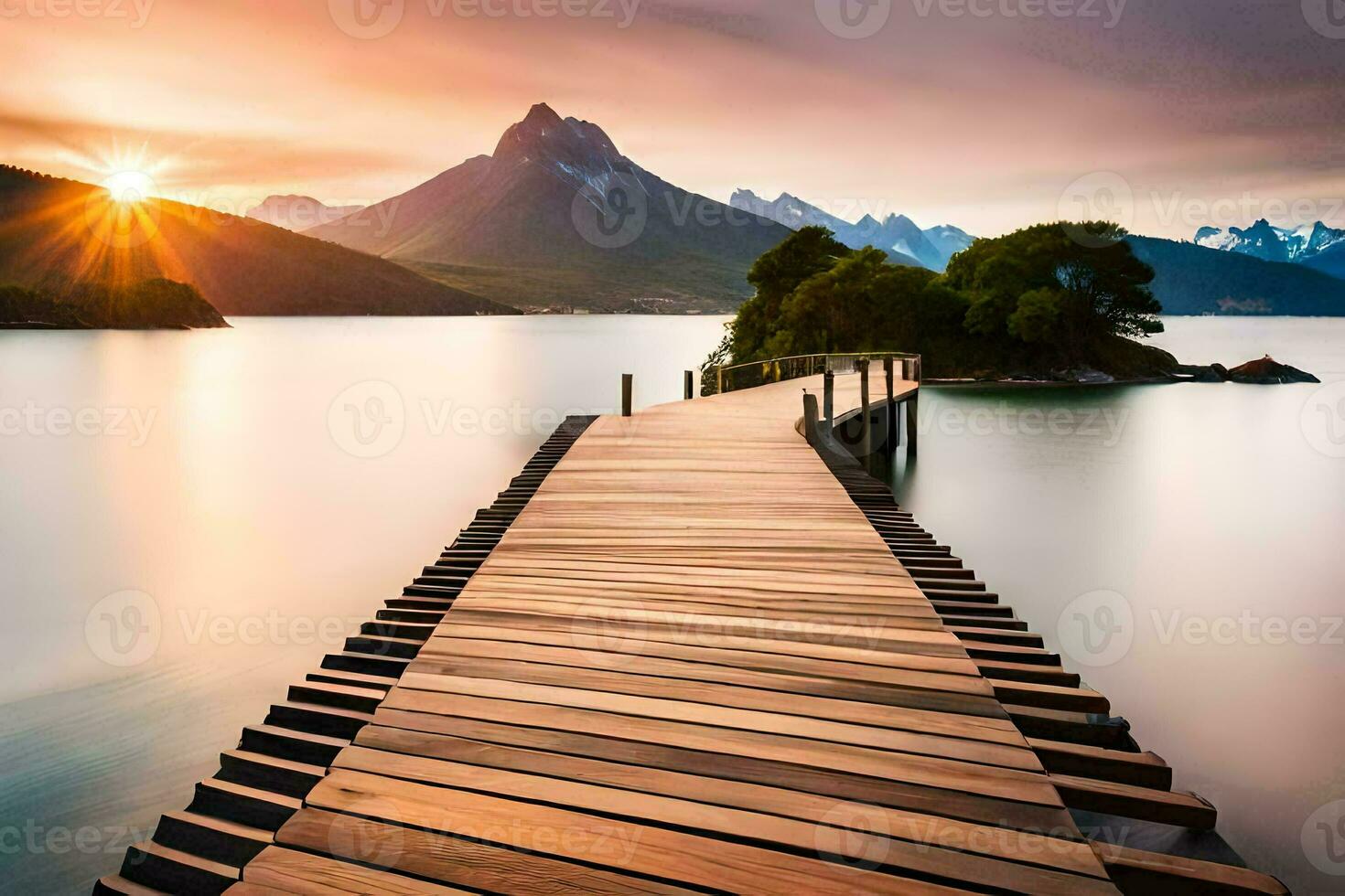 a wooden bridge stretches across the water at sunset. AI-Generated photo