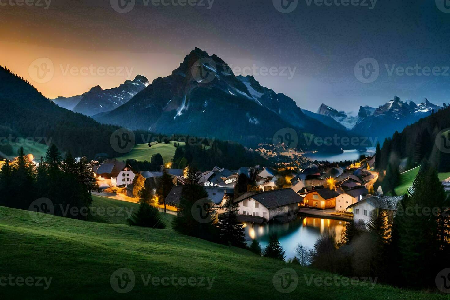 a village in the mountains at dusk. AI-Generated photo