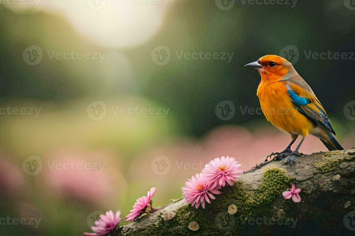 a colorful bird sits on a branch in front of pink flowers. AI-Generated photo