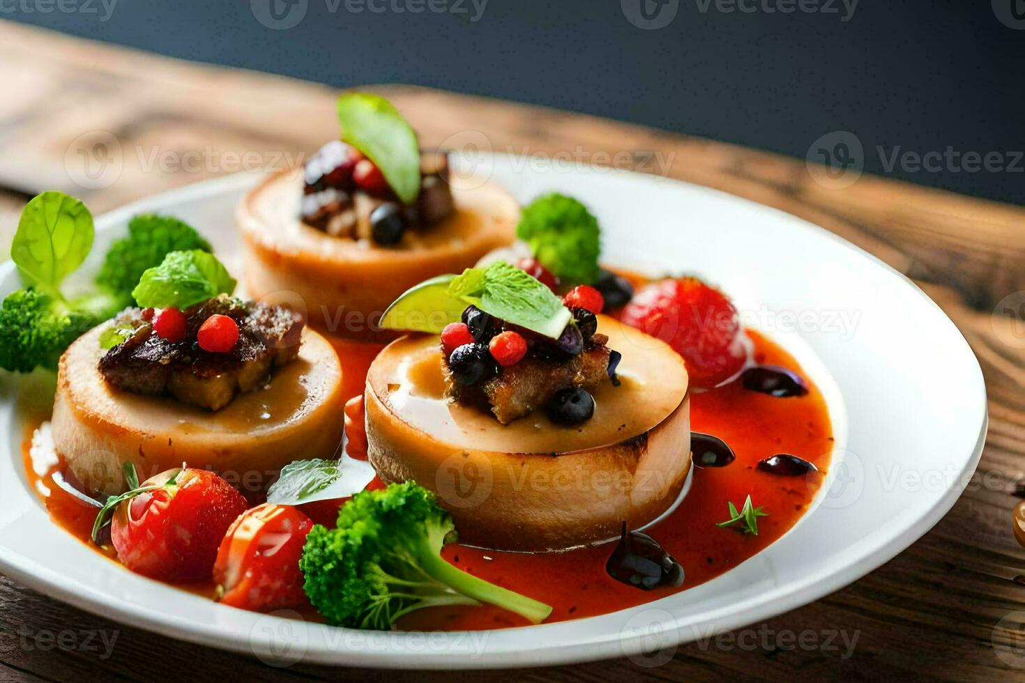 Tres pequeño pasteles con salsa en un blanco lámina. generado por ai foto