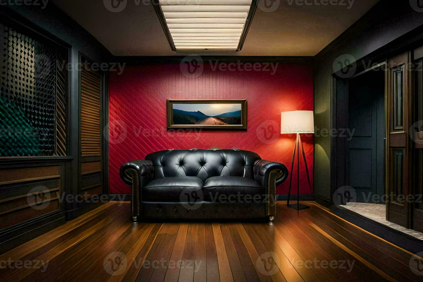 a room with red walls and a leather couch. AI-Generated photo