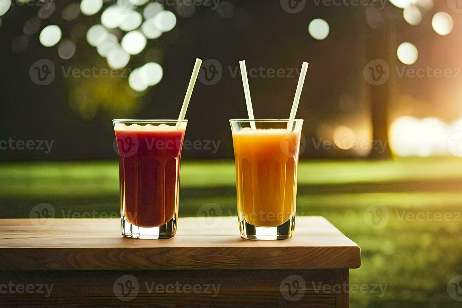 dos lentes de naranja jugo en un de madera mesa. generado por ai foto