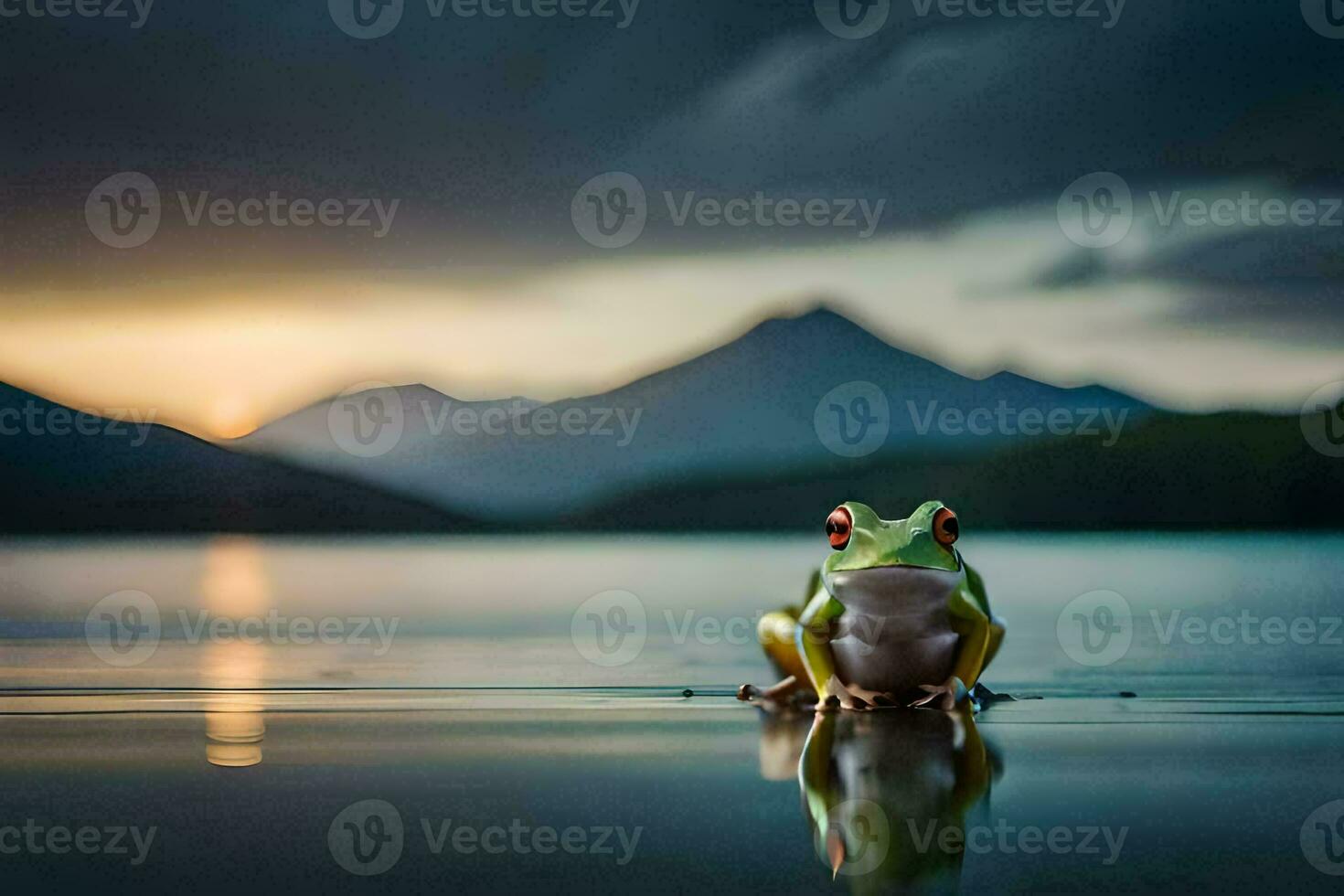a frog sitting on the edge of a lake at sunset. AI-Generated photo