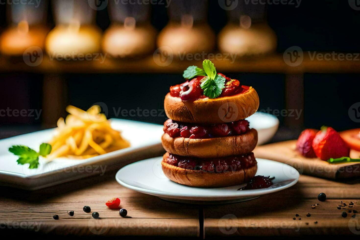 a stack of hamburgers with strawberries on top. AI-Generated photo