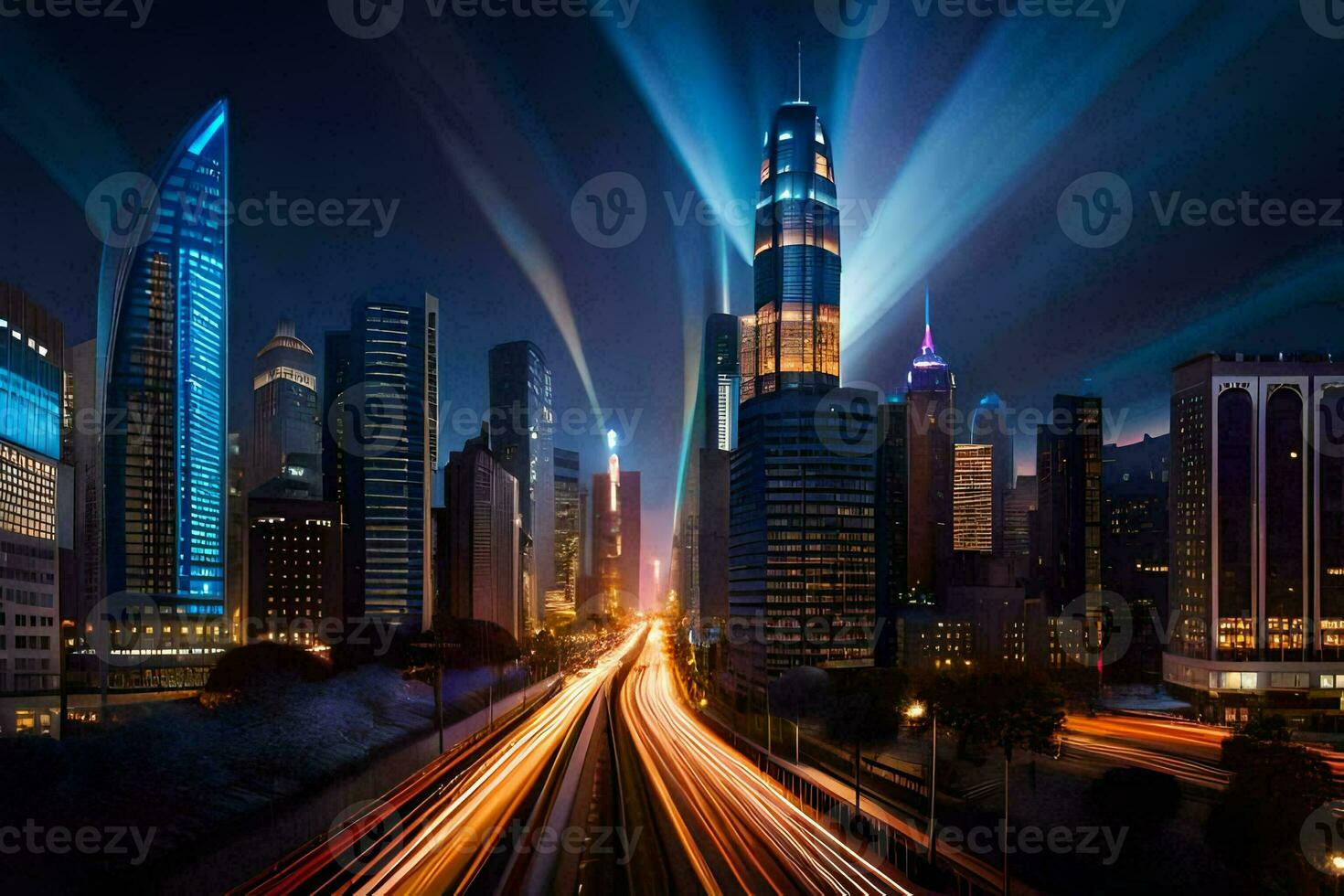 a city at night with lights and traffic. AI-Generated photo