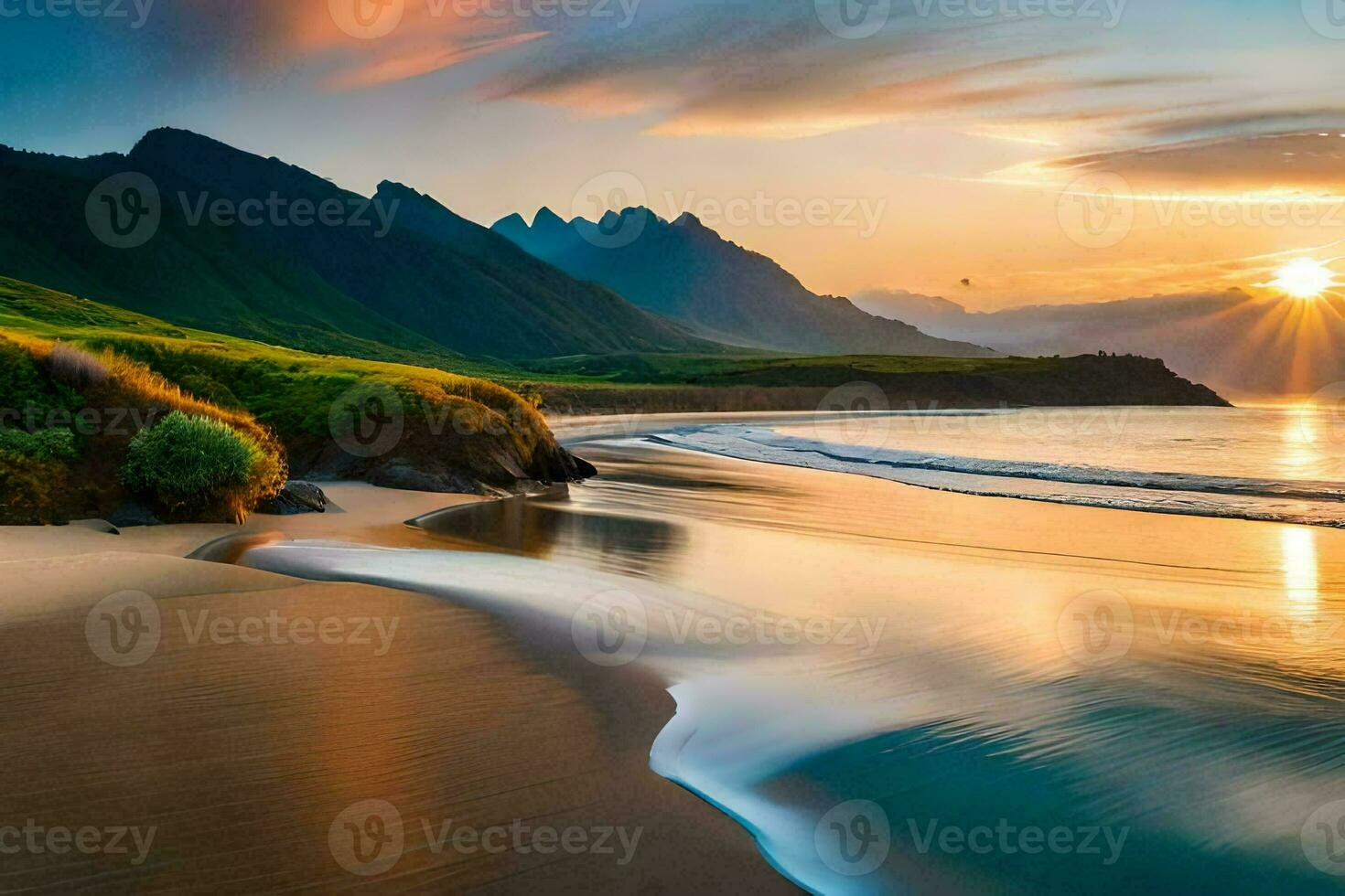 the sun sets over a beach and mountains. AI-Generated photo