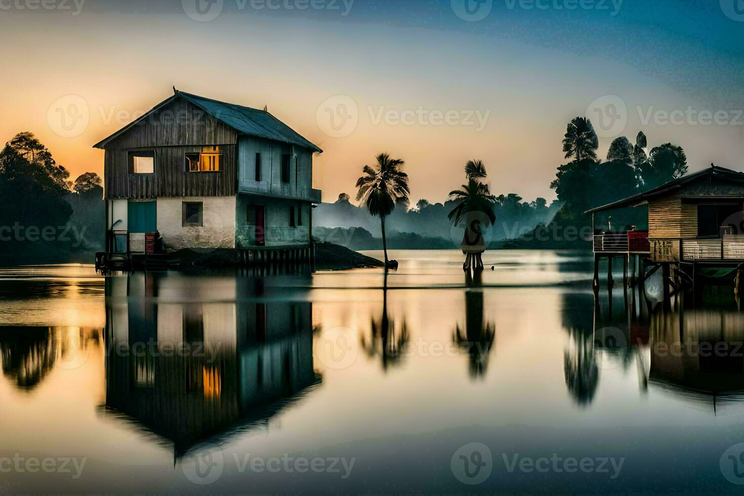 a house sits on the edge of a lake at sunset. AI-Generated photo