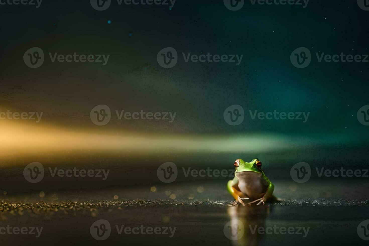 a frog sitting on the ground at night. AI-Generated photo