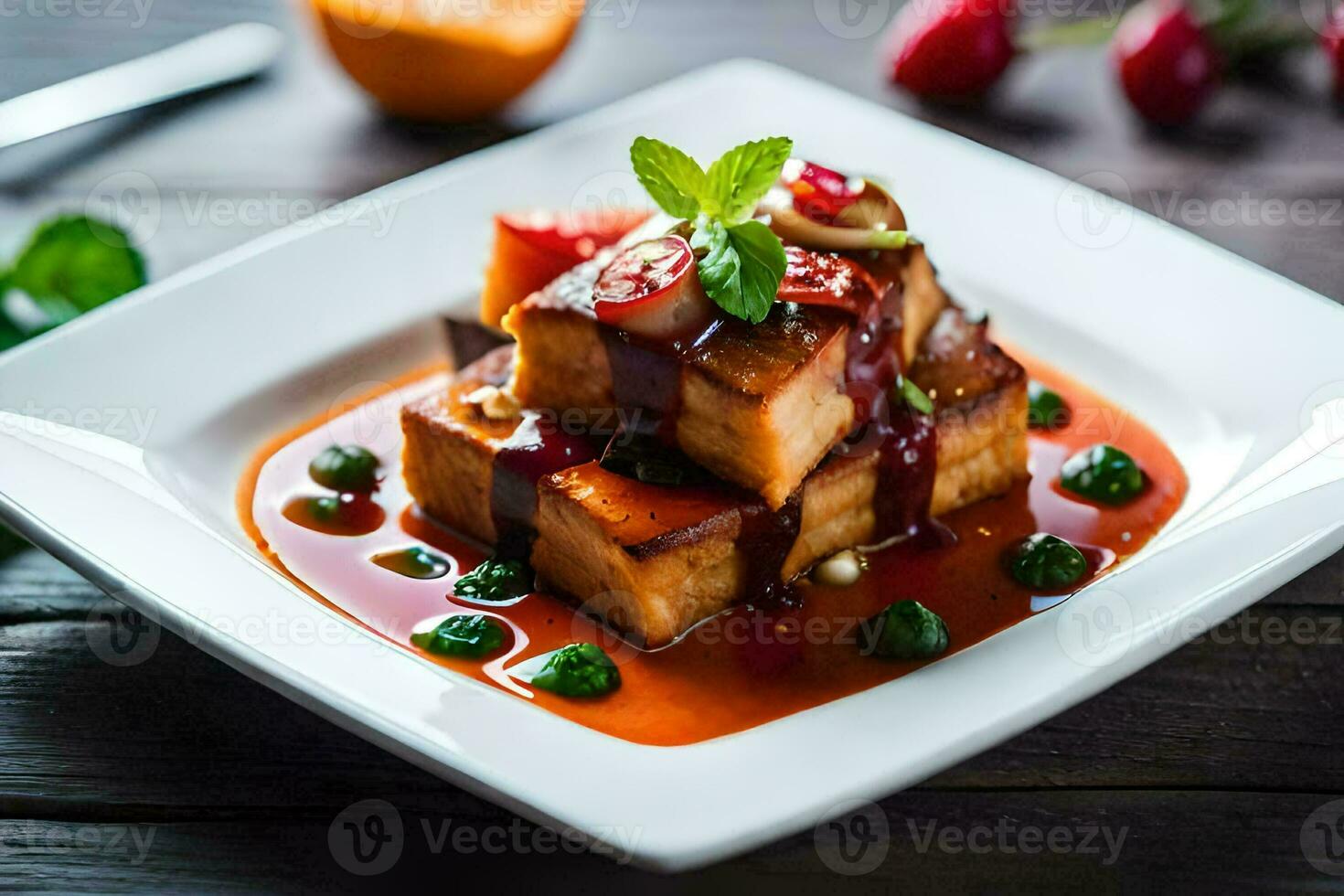 a plate of tofu with sauce and garnish. AI-Generated photo