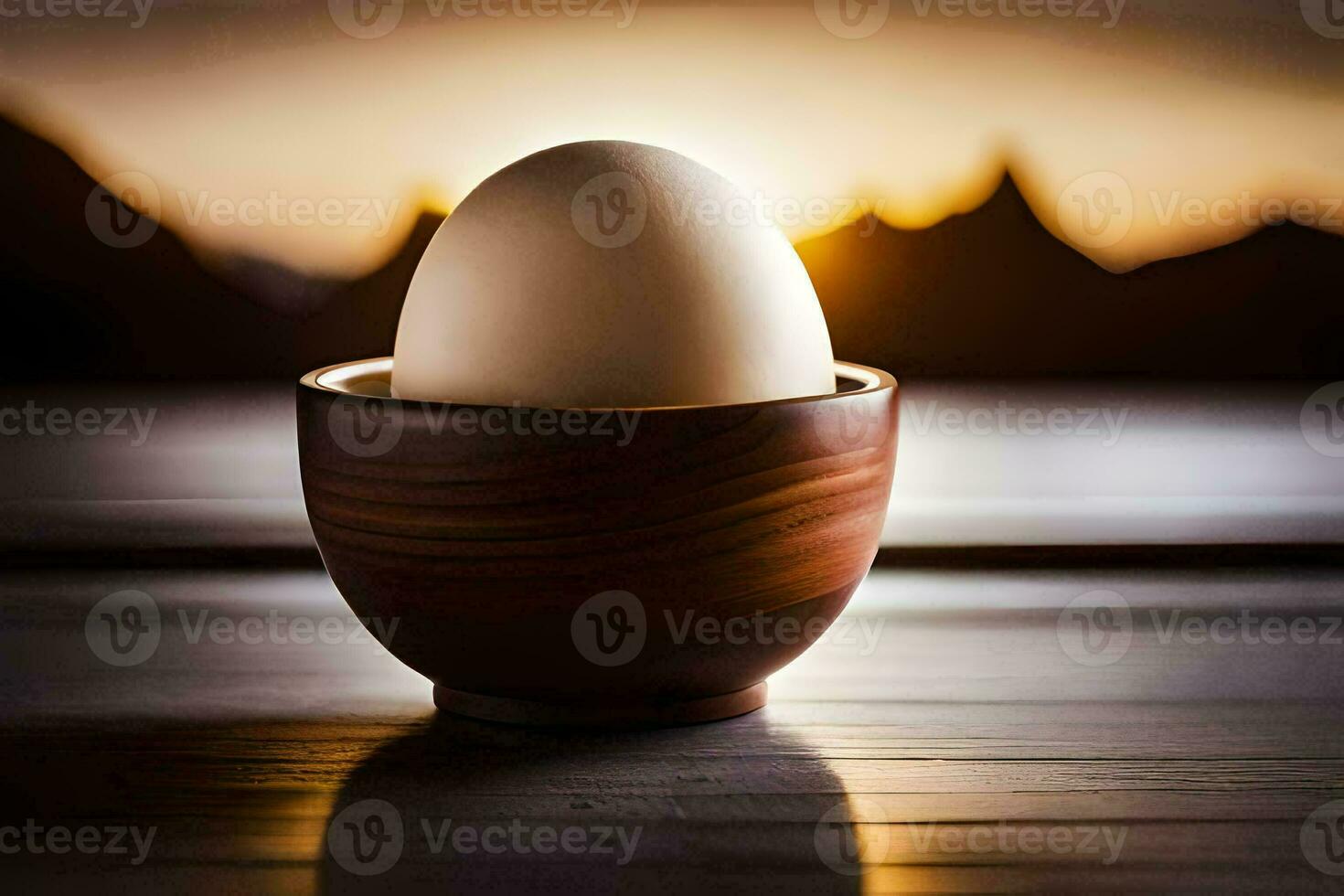 egg in a wooden bowl on a table. AI-Generated photo
