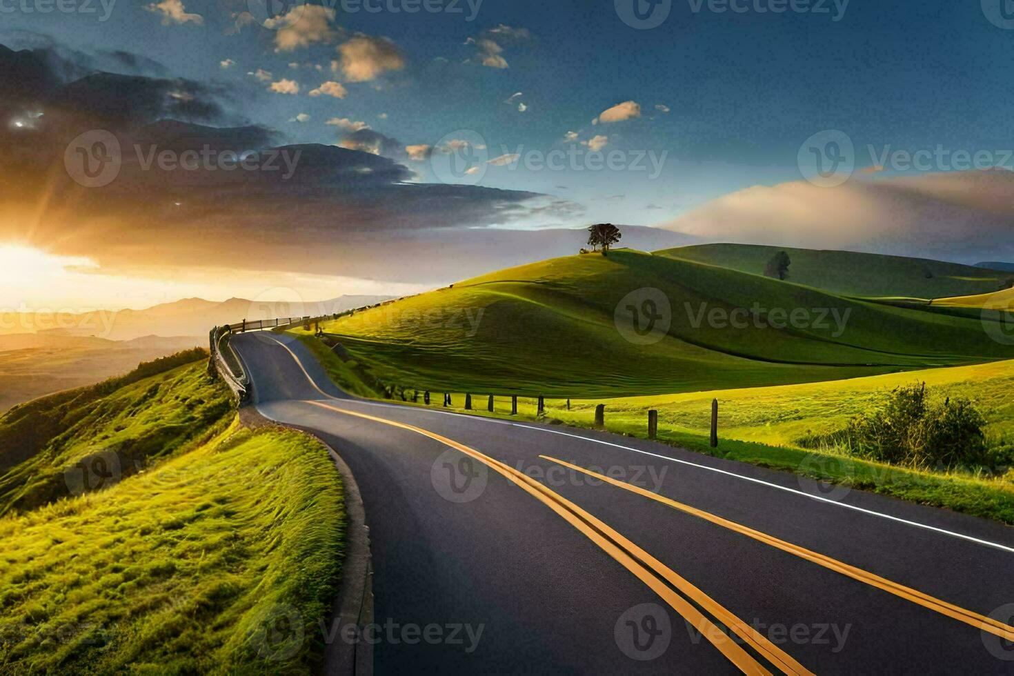 the road to the sunset. AI-Generated photo