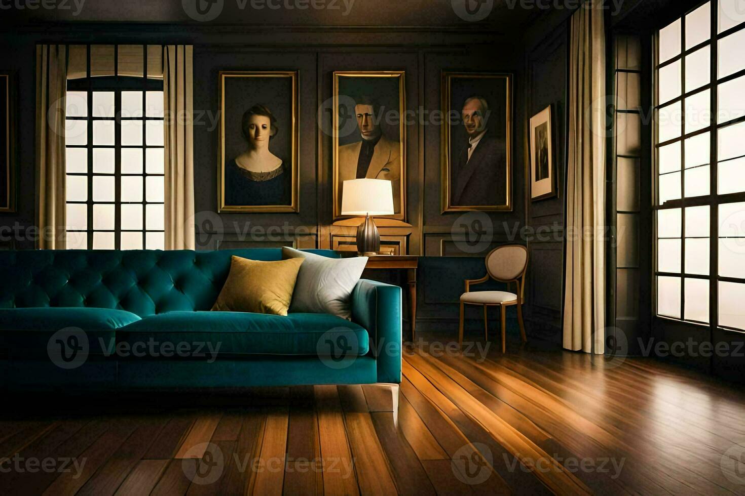 a living room with a blue couch and pictures on the wall. AI-Generated photo