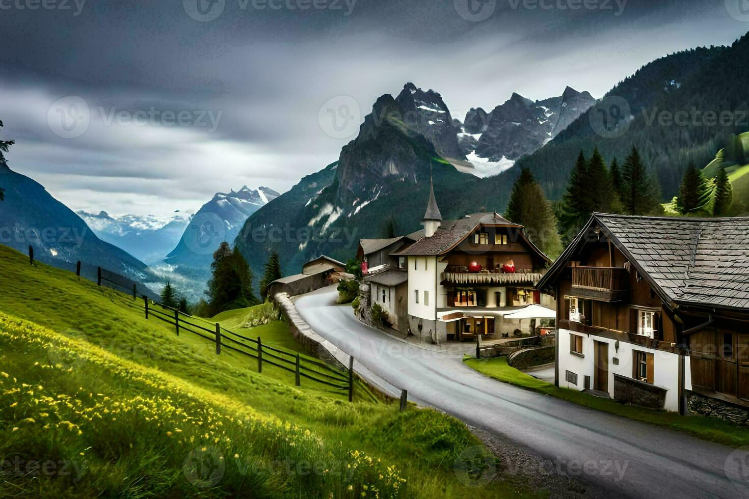 a road in the mountains with houses and trees. AI-Generated photo