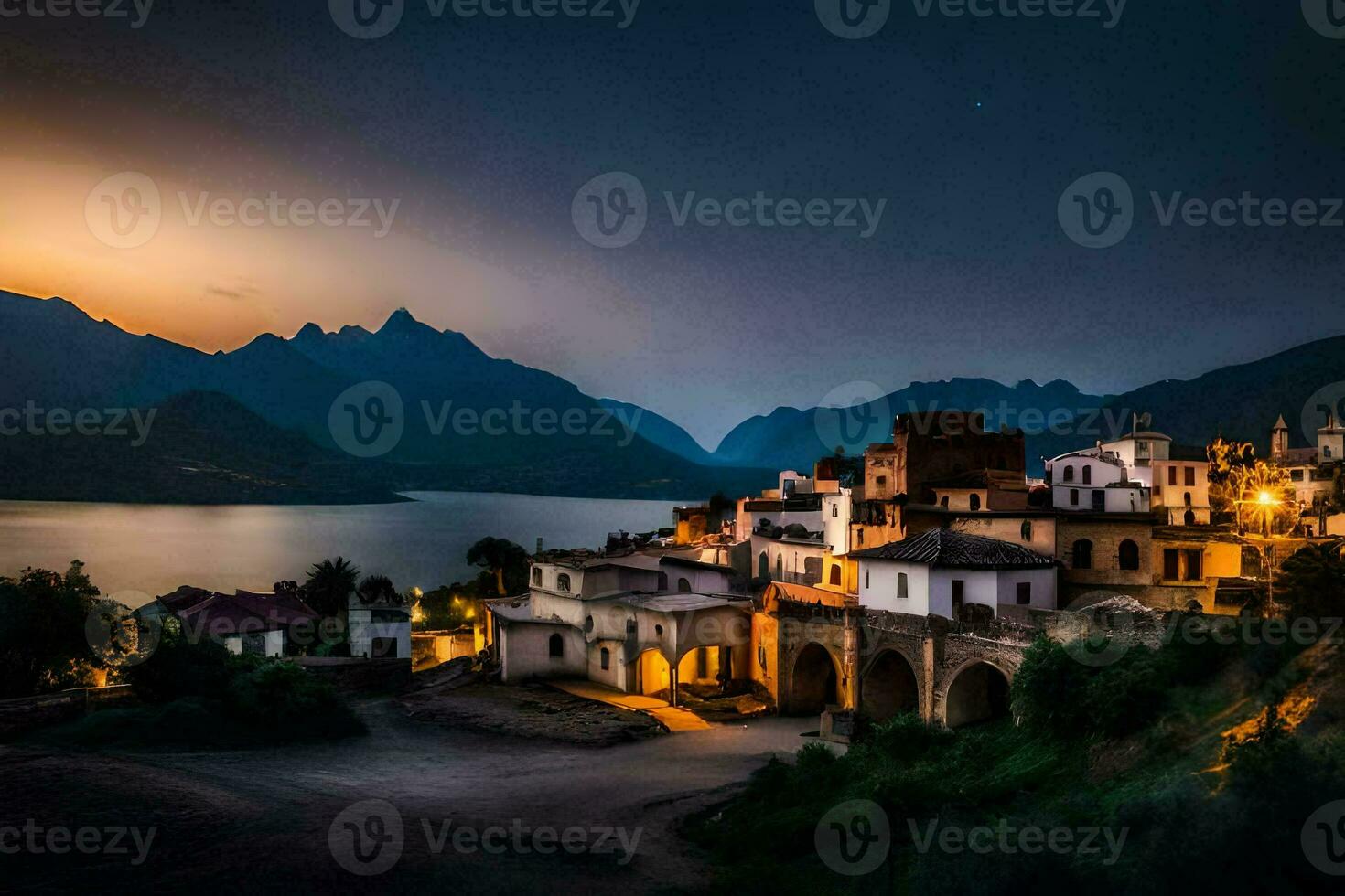 photo wallpaper the sky, mountains, lake, the city, the village, the bridge, the. AI-Generated