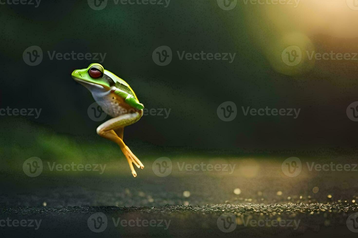 a frog jumping in the air on a road. AI-Generated photo