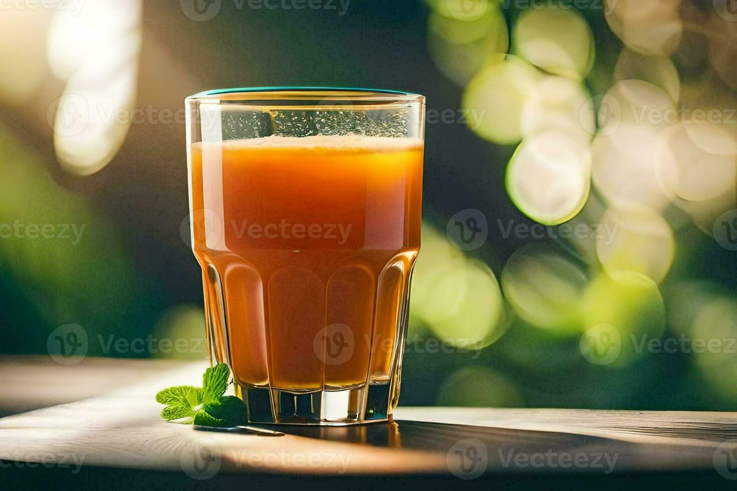 a glass of orange juice on a table. AI-Generated photo