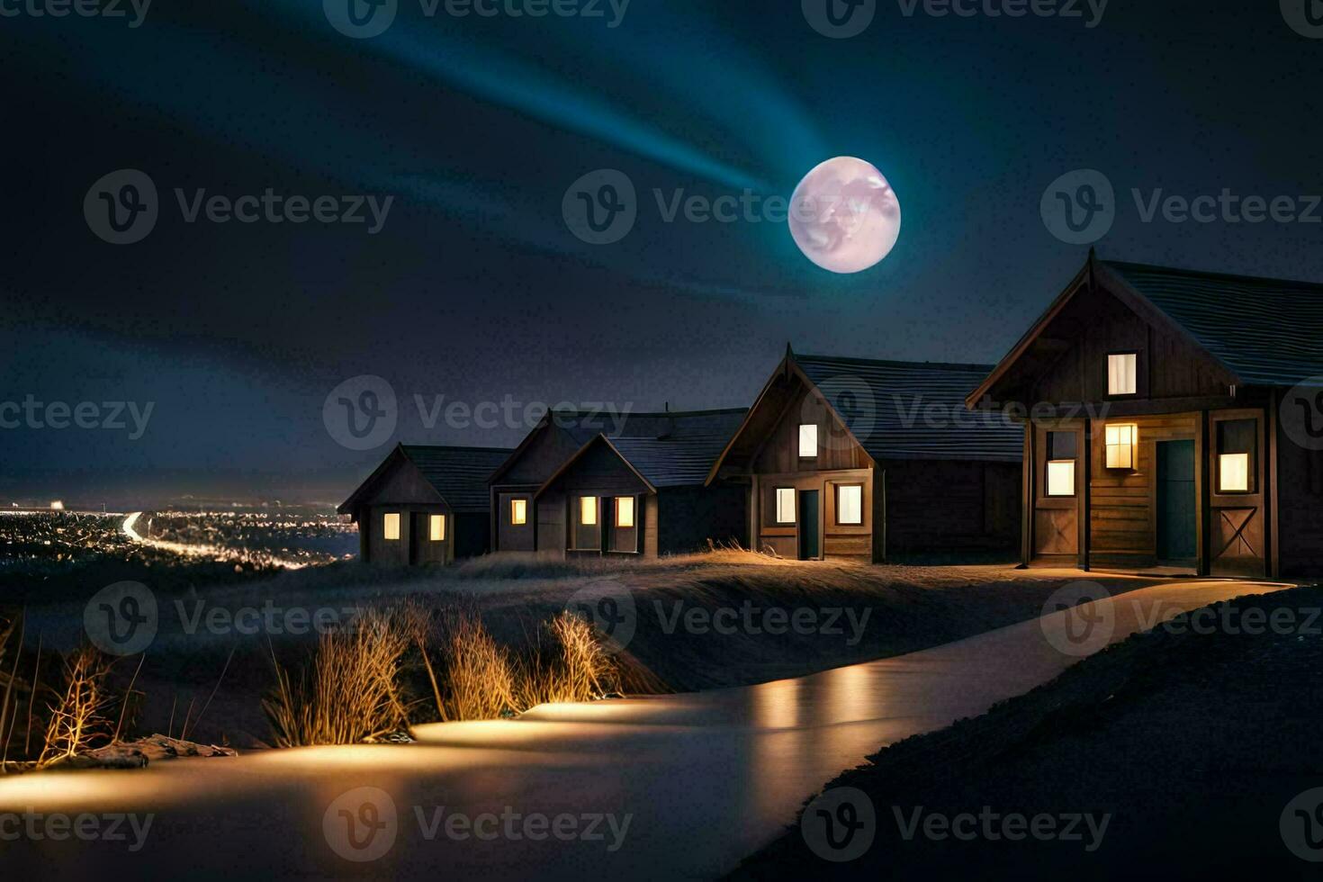 a full moon shines over a row of cabins. AI-Generated photo