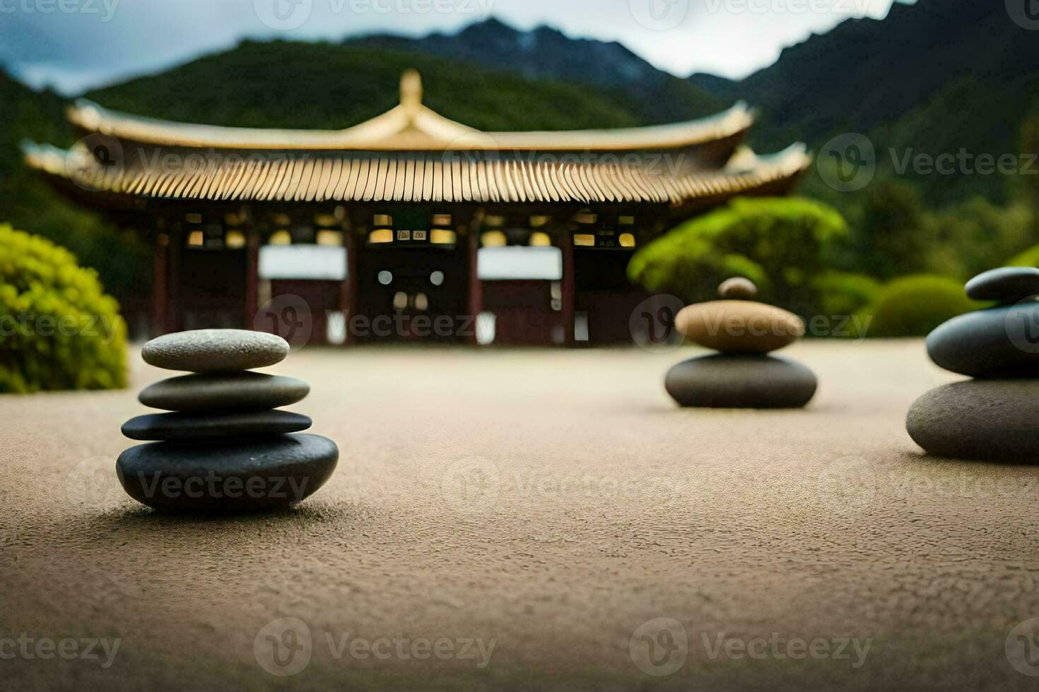 piedras en el medio de un jardín con un pagoda en el antecedentes. generado por ai foto