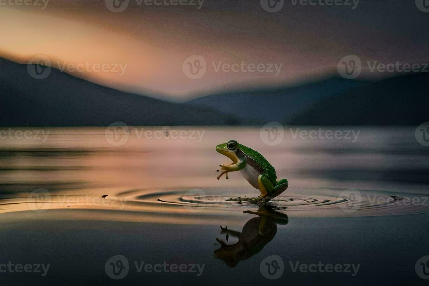 a frog standing on its back legs in the water. AI-Generated photo