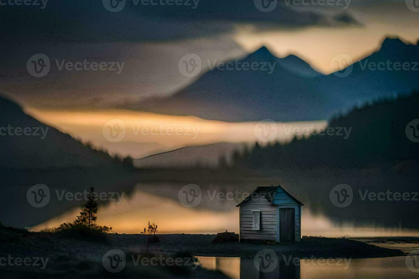 a small hut sits on the shore of a lake with mountains in the background. AI-Generated photo