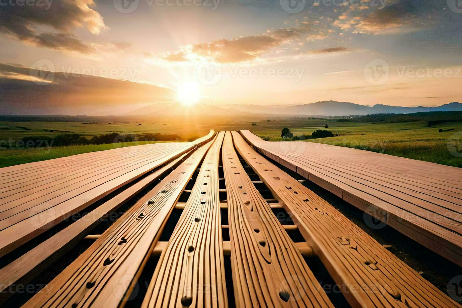 a wooden walkway with the sun setting behind it. AI-Generated photo