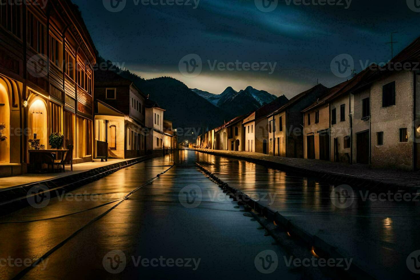 un calle en el medio de un pueblo a noche. generado por ai foto