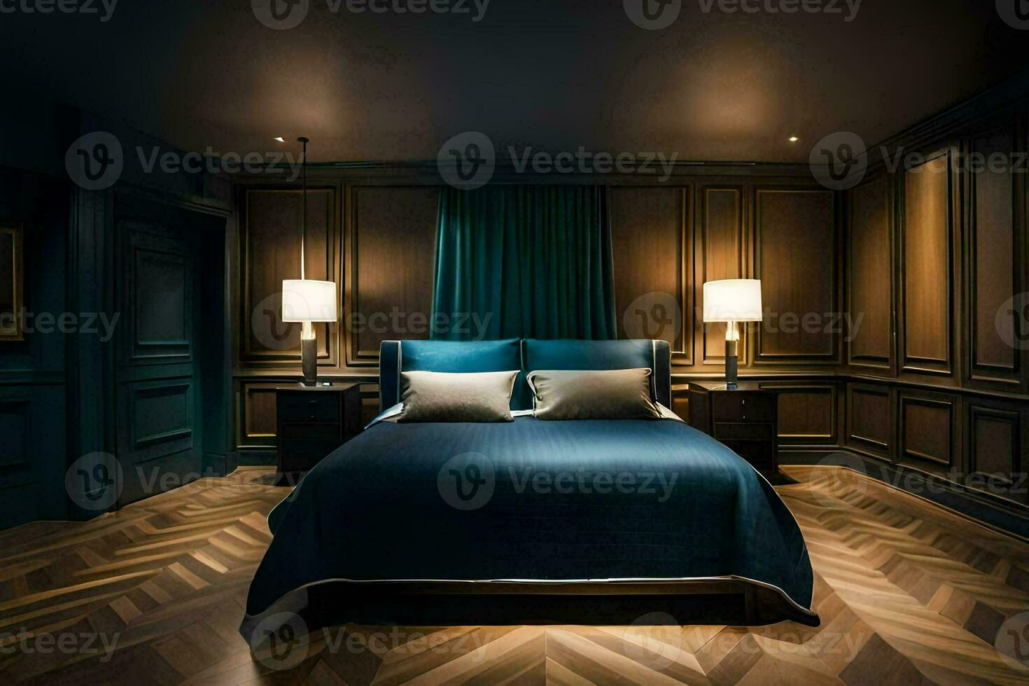 a bedroom with dark wood paneling and a bed. AI-Generated photo