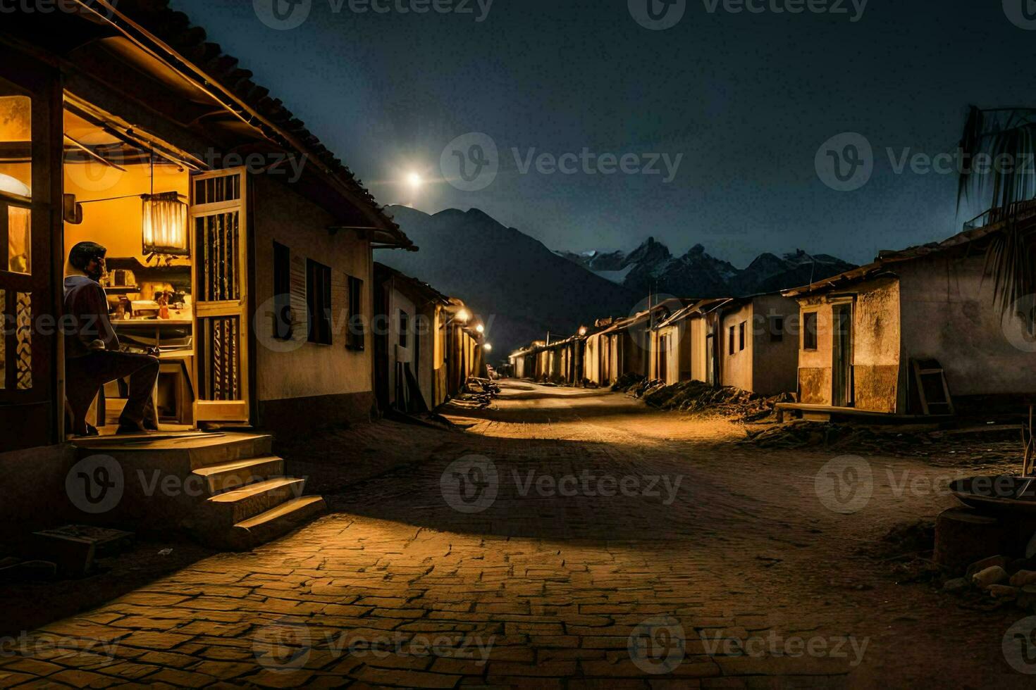 a street at night with a moon in the sky. AI-Generated photo