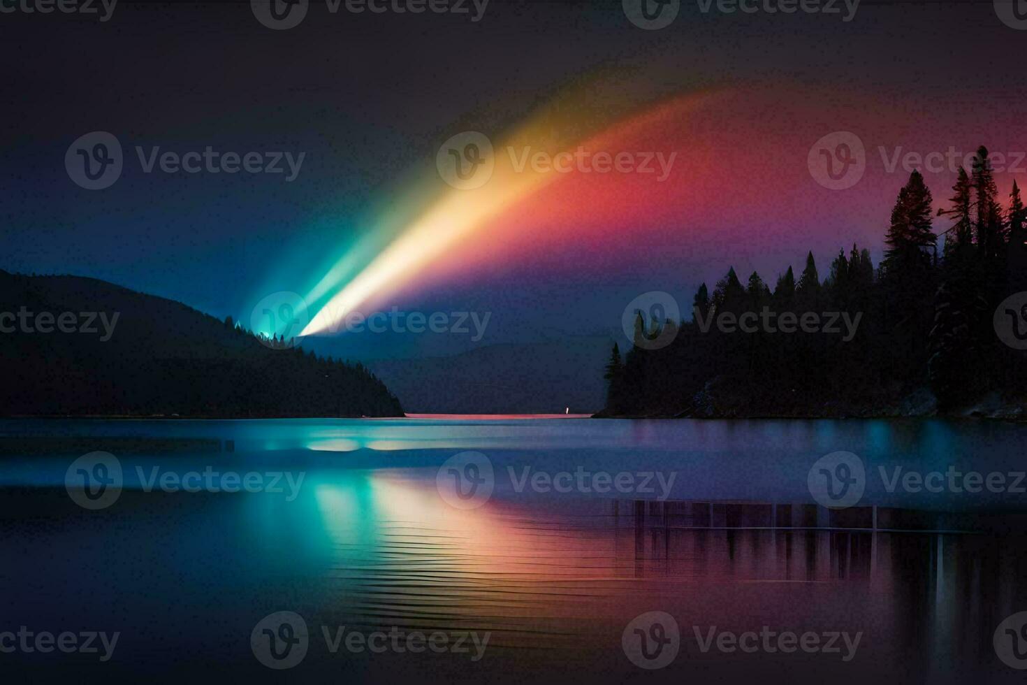 a rainbow is reflected in the water. AI-Generated photo