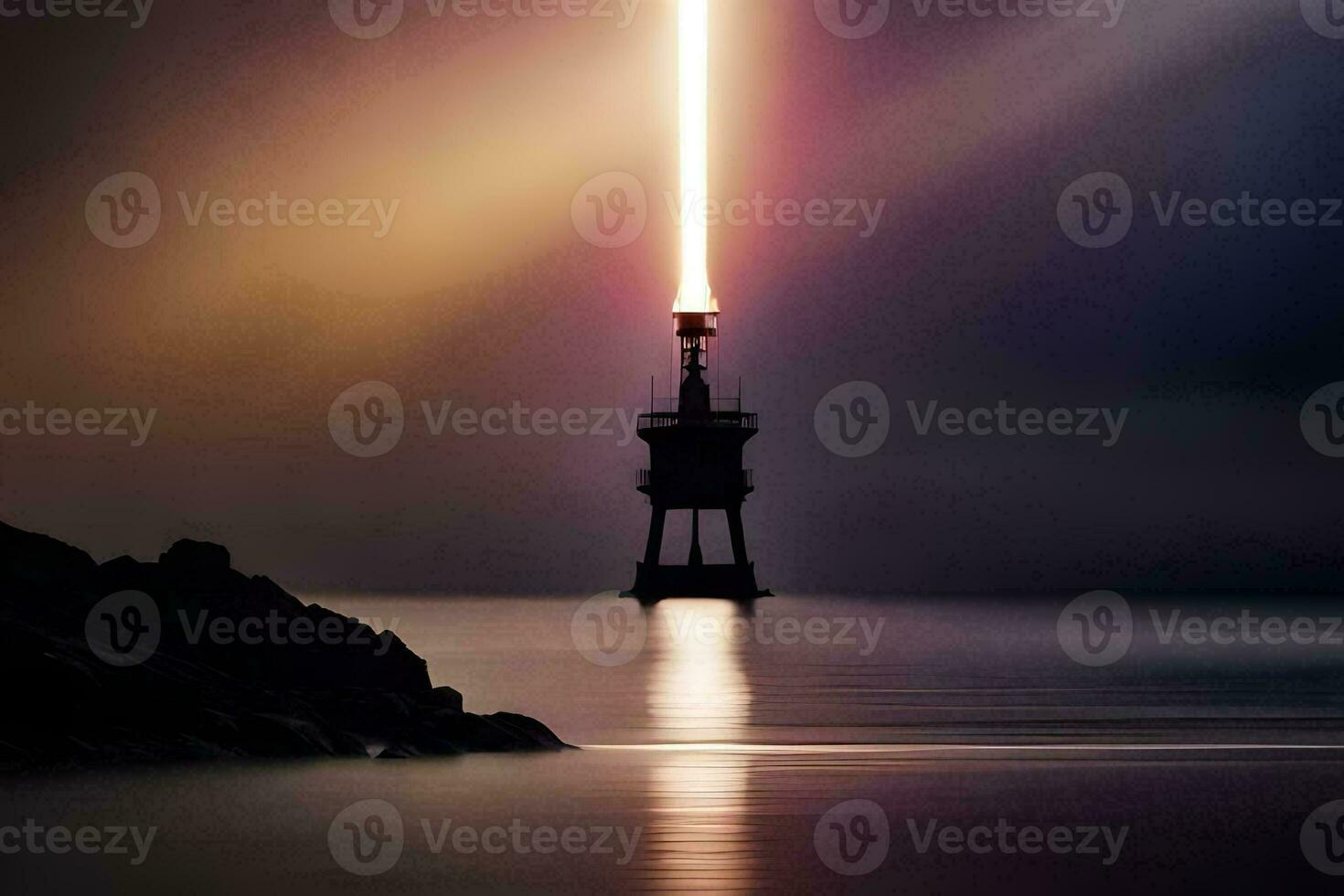 a lighthouse in the middle of the ocean at night. AI-Generated photo