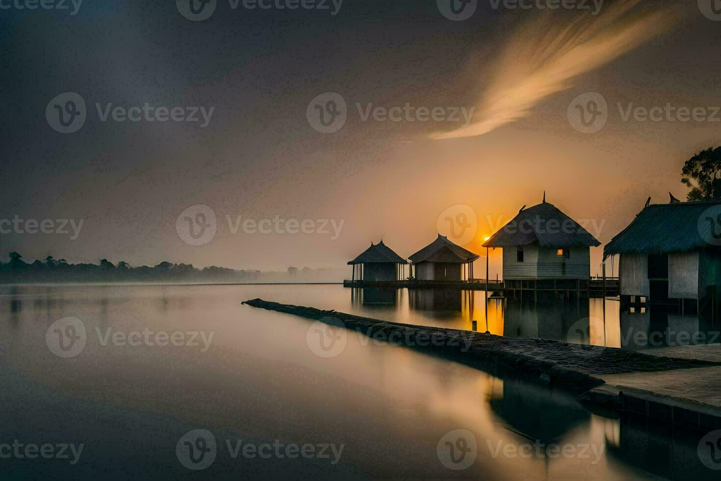 the sun rises over a lake with small houses. AI-Generated photo