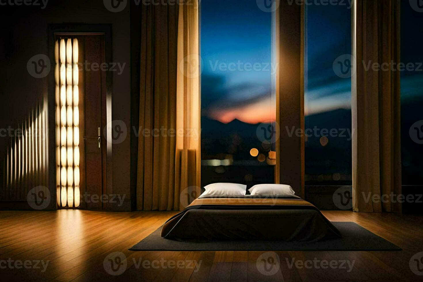 a bed in a room with a view of the city. AI-Generated photo