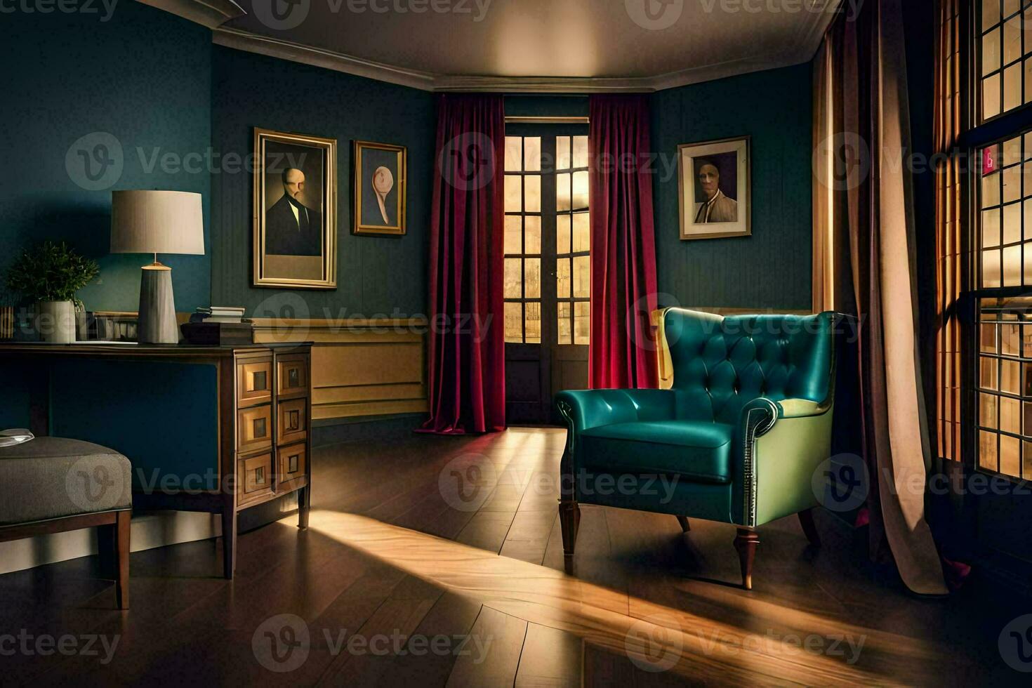 a room with blue walls and a green chair. AI-Generated photo